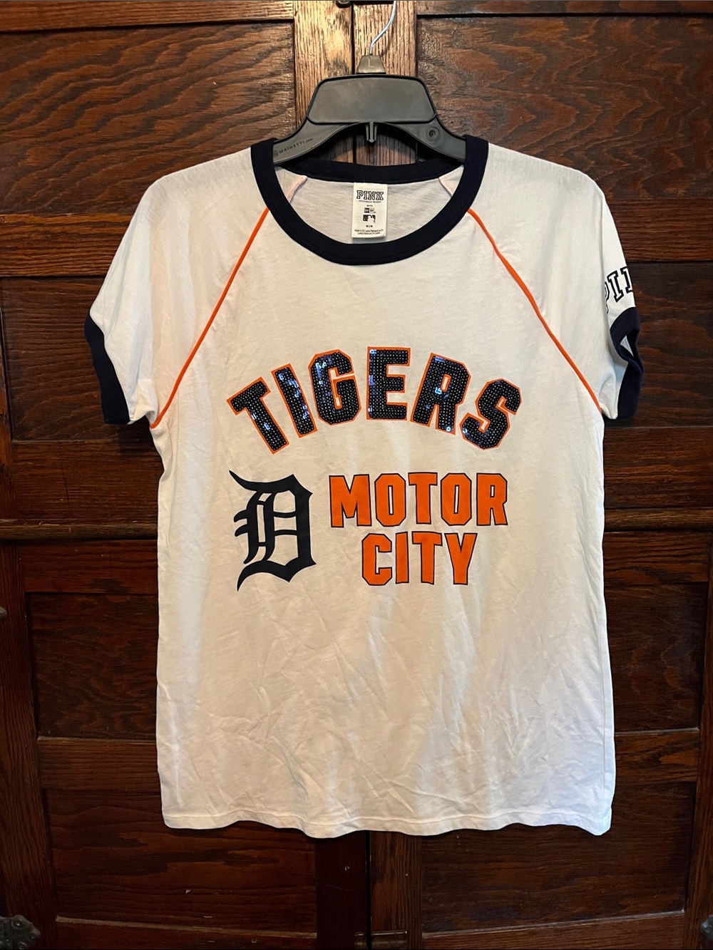 PINK Victoria's Secret White Ringer Tee with Navy & Orange Accents